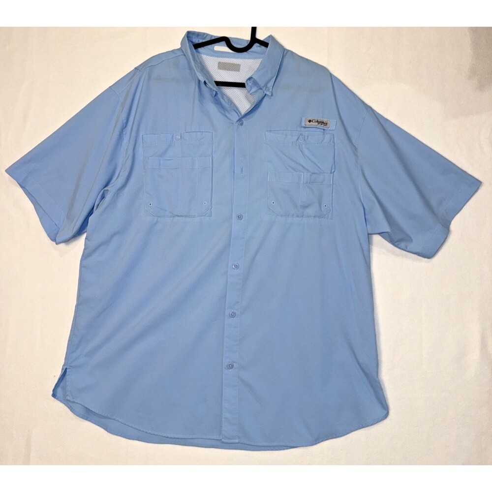 COLUMBIA PFG Performance Fishing Gear Shirt Mens Sz Lg Blue Omni-Shade Fast Dry